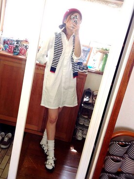 「UNIQLO（ユニクロ）のUNIQLO シャツワンピ（ワンピース、ホワイト系）」を使った、TSUNさん（レディース・162cm）の夏コーディネート