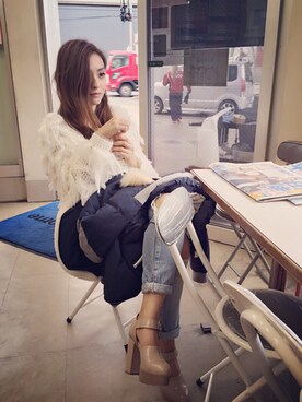 「MOUSSY（マウジー）のMV Salem Tapered（デニムパンツ）」を使った、__loveyui__さん（レディース・152cm）の冬コーディネート
