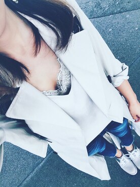 「Ungrid（アングリッド）のインディゴフレイドヘムストスリ（デニムパンツ）」を使った、__loveyui__さん（レディース・152cm）の春コーディネート