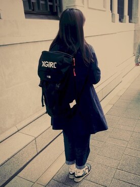 「X-girl（エックスガール）のX-grilxNEW ERA RUCKSACK（バックパック/リュック、ブラック系）」を使った、つかたんさん（レディース・167cm）の春コーディネート
