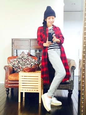 「アイテム（シャツワンピース、レッド系）」を使った、雅さん（レディース・155cm）の秋コーディネート