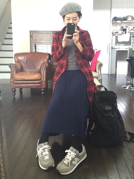 「アイテム（シャツワンピース、レッド系）」を使った、雅さん（レディース・155cm）の秋コーディネート