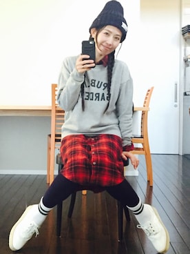 「アイテム（シャツワンピース、レッド系）」を使った、雅さん（レディース・155cm）の秋コーディネート