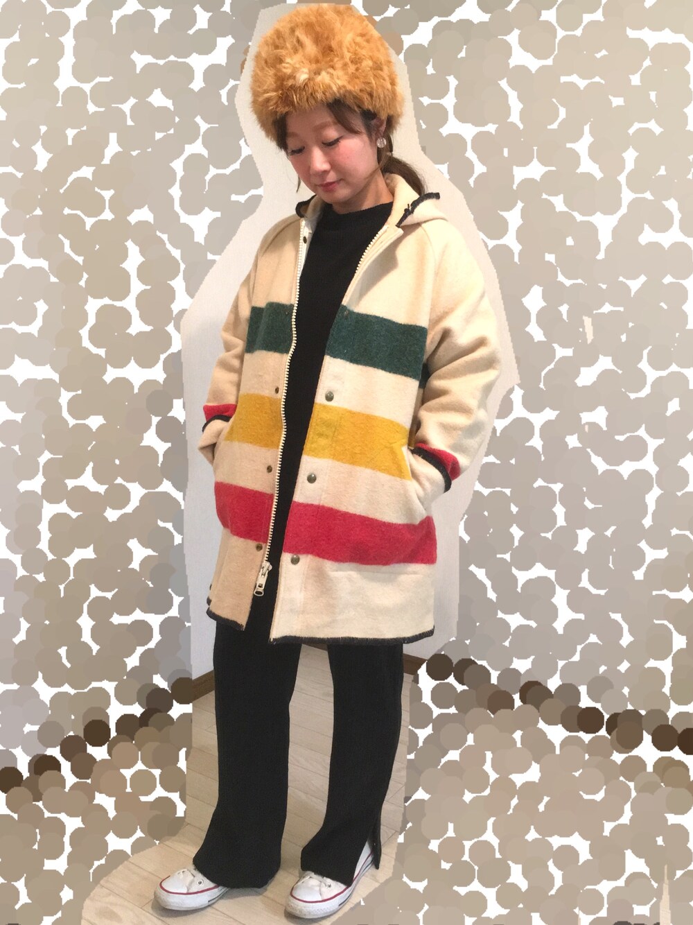 「もこもこ、ニットパンツ、冬、ファー小物、カラフル、ブラック、チビーズ✳︎」｜「CA4LAのアイテム（帽子、ベージュ系）」を使った、よこぴさん（レディース・148cm）の秋コーディネートの1枚目の写真