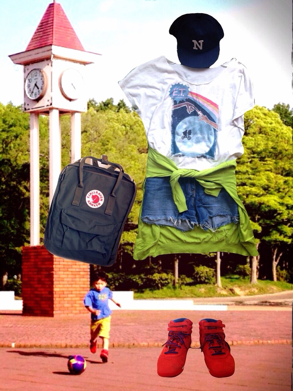 「ベースボールキャップ、お気に入りのTシャツ」｜「ReebokのReebok F/S HI VINTAGE INTL（スニーカー、レッド系）」を使った、▲▽ みんと △▼さん（レディース・160cm）の春コーディネートの1枚目の写真