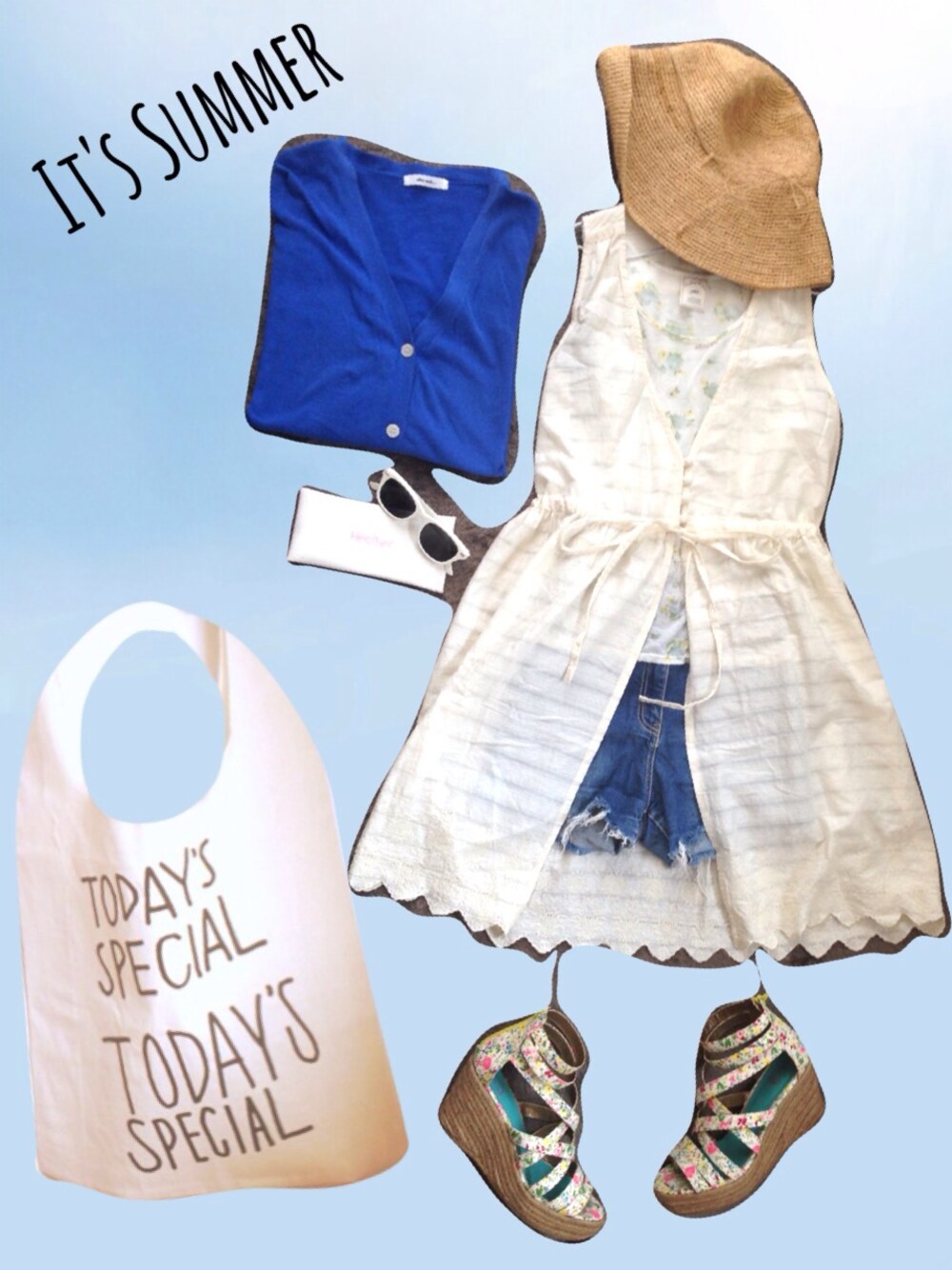 「デニムショートパンツ、ヴィンテージワンピース、帽子×メガネ」｜「TODAY'S SPECIALのtoday's specialマルシェバッグ（エコバッグ/サブバッグ、ホワイト系）」を使った、▲▽ みんと △▼さん（レディース・160cm）の春コーディネートの1枚目の写真