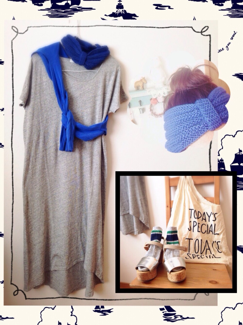 「たすき掛け、厚底サンダル、ヘアバンド、SALEで買いました」｜「niko and...の【niko and...】Cアラビキ変形Tワンピ（ワンピース、グレー系）」を使った、▲▽ みんと △▼さん（レディース・160cm）の夏コーディネートの1枚目の写真