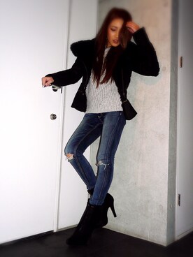 「GYDA（ジェイダ）のアイテム（ライダースジャケット）」を使った、MANAMI（manya❤︎）さん（レディース・159cm）の冬コーディネート