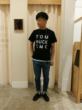 「coen（コーエン）の【C.MC】虫よけ加工Tシャツ（Tシャツ/カットソー、ブラック系）」を使った、coen のもとさん（メンズ・172cm）の夏コーディネート