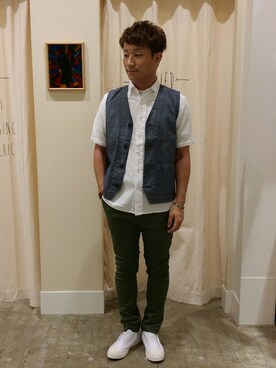 「coen（コーエン）の【スマイルプライス】パナマボタンダウン半袖シャツ（シャツ/ブラウス、ホワイト系）」を使った、coen のもとさん（メンズ・172cm）の夏コーディネート