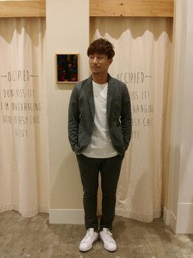 「coen（コーエン）のヴィンテージ半袖Tシャツ（Tシャツ/カットソー、ホワイト系）」を使った、coen のもとさん（メンズ・172cm）の秋コーディネート