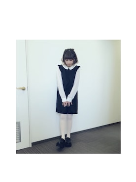 「jouetie（ジュエティ）の丸衿異素材ワンピース（ワンピース/ドレス、ブラック系）」を使った、松本鈴香さん（レディース・153cm）の春コーディネート