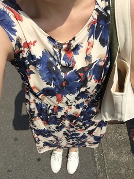 「GU（ジーユー）のアイテム（ワンピース、ホワイト系）」を使った、saochi♡さん（レディース・160cm）の夏コーディネート