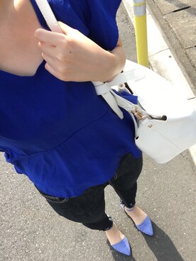 「GU（ジーユー）のアイテム（シャツ/ブラウス、ブルー系）」を使った、saochi♡さん（レディース・160cm）の夏コーディネート