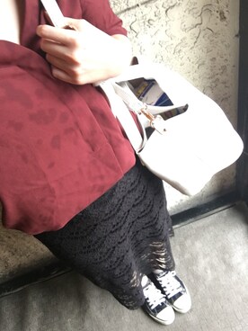 「しまむら（シマムラ）のアイテム（シャツ/ブラウス、レッド系）」を使った、saochi♡さん（レディース・160cm）の夏コーディネート