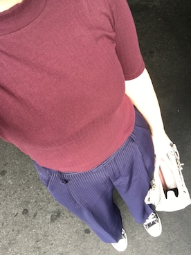 「UNIQLO（ユニクロ）のアイテム（Tシャツ/カットソー、レッド系）」を使った、saochi♡さん（レディース・160cm）の秋コーディネート
