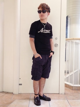 「AVIREX（アヴィレックス）のavirex/ アヴィレックス / メンズ/直営別注商品/スプレーロゴ　半袖Tシャツ　（Tシャツ/カットソー）」を使った、SHOさん（メンズ・168cm）の夏コーディネート