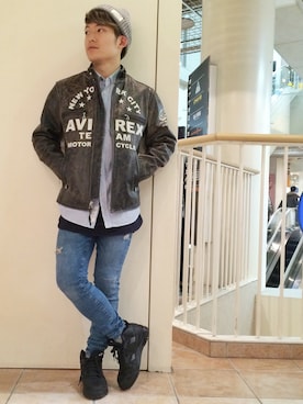 「AVIREX（アヴィレックス）のアイテム（ライダースジャケット）」を使った、SHOさん（メンズ・168cm）の冬コーディネート