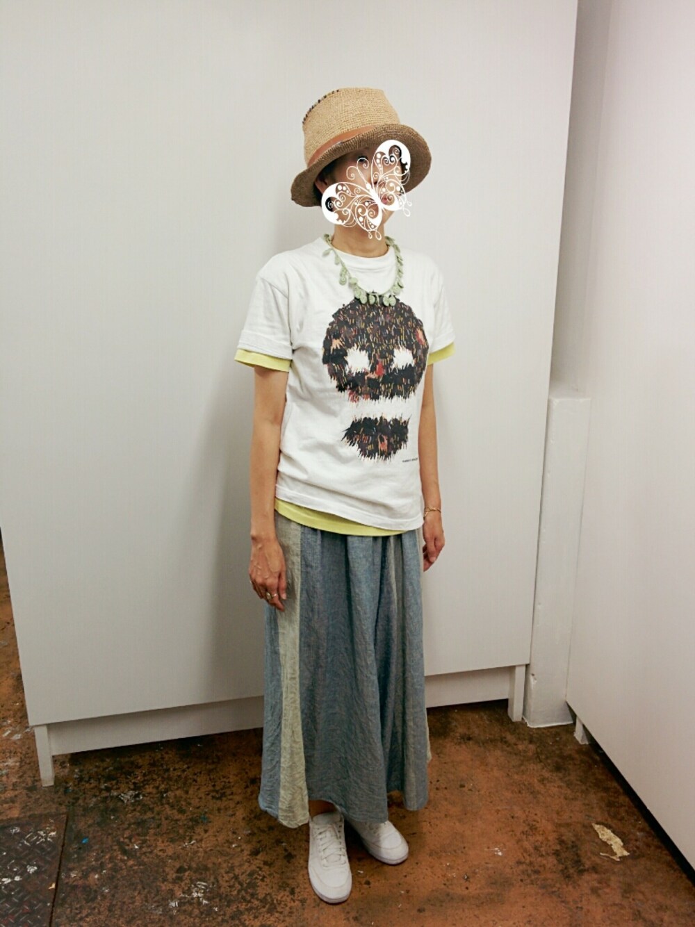 「アートTシャツ、アート、ART、ichi、handmade、ハンドメイド、ハンドメイド帽子」｜「アネットメサジェのアイテム（Tシャツ/カットソー、ホワイト系）」を使った、aon9さん（レディース・166cm）の秋コーディネートの1枚目の写真