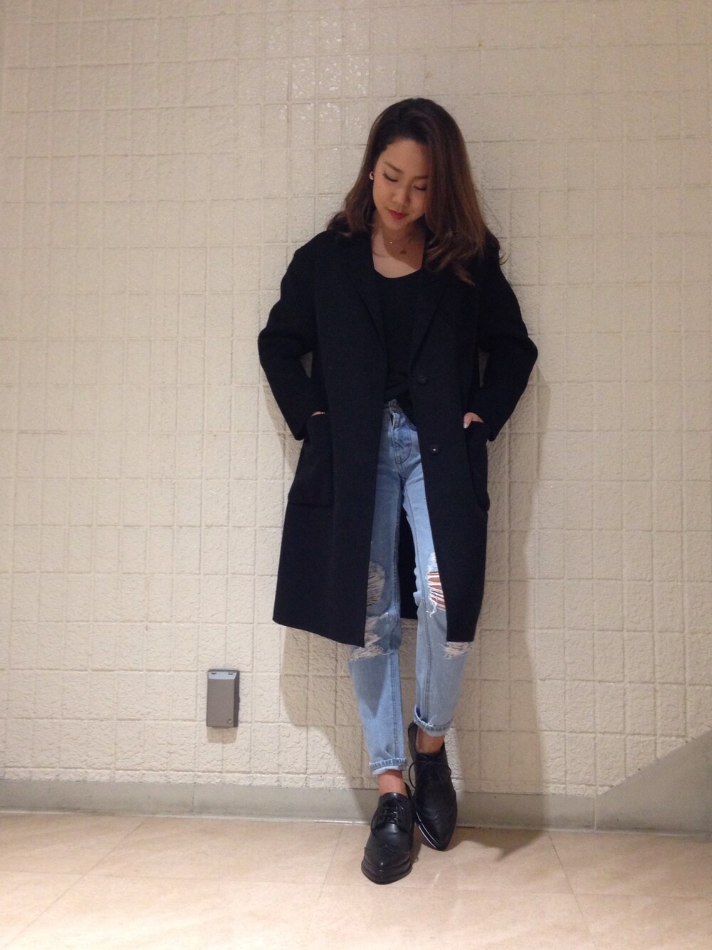 「regalect、black、fashion、autumn、denim」｜「Regalectのアイテム（ジャケット/アウター、ブラック系）」を使った、yuさん（レディース・158cm）の秋コーディネートの1枚目の写真