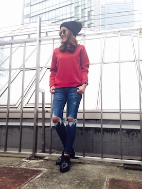 「red」｜「アイテム（ニットキャップ/ビーニー）」を使った、yuさん（レディース・158cm）の秋コーディネート