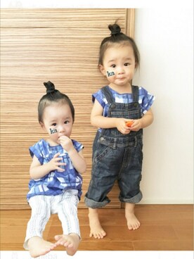 「ブルー」｜「アイテム（サロペット/オーバーオール）」を使った、kakaさん（キッズ・80cm）の夏コーディネート