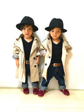 「双子コーデ」｜「アイテム（トレンチコート）」を使った、itsuminaさん（キッズ・80cm）の秋コーディネート