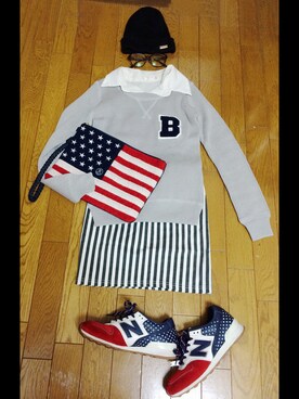 「BLISS POINT Womens（ブリスポイント ウイメンズ）の【BLISS POINT】ワッペンロゴニットプルオーバー/539639（ニット/セーター、グレー系）」を使った、C O Oさん（レディース・152cm）の春コーディネート