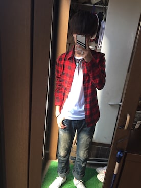 「RAGEBLUE（レイジブルー）のアイテム（シャツ/ブラウス、レッド系）」を使った、sy…neさん（メンズ）の秋コーディネート