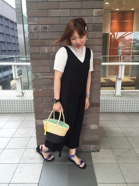 「ブラック×ホワイト」｜「アイテム（オールインワン・サロペット）」を使った、na-naさん（レディース・162cm）の夏コーディネート