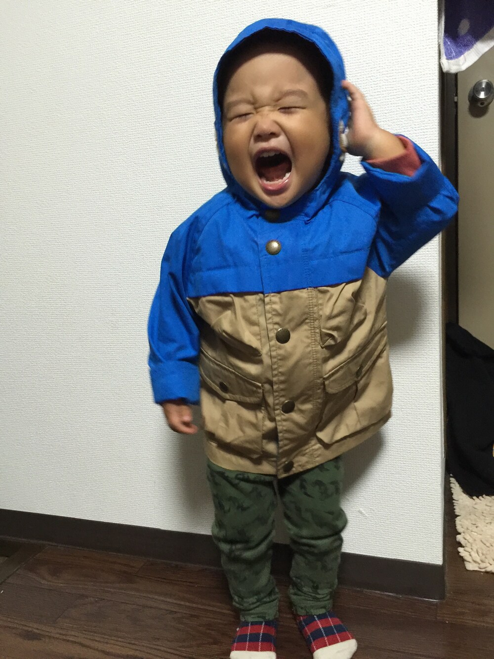 「むちむちくん、むちむちくんコーデ、雨の日コーデ、マウンテンパーカー、UNIQLO、babygap、息子ーデ、こどもコーデ、キッズコーデ、キッズファッション」｜「babyGAPのアイテム（マウンテンパーカー、ブルー系）」を使った、むちむちくんさん（キッズ・80cm）の秋コーディネートの1枚目の写真