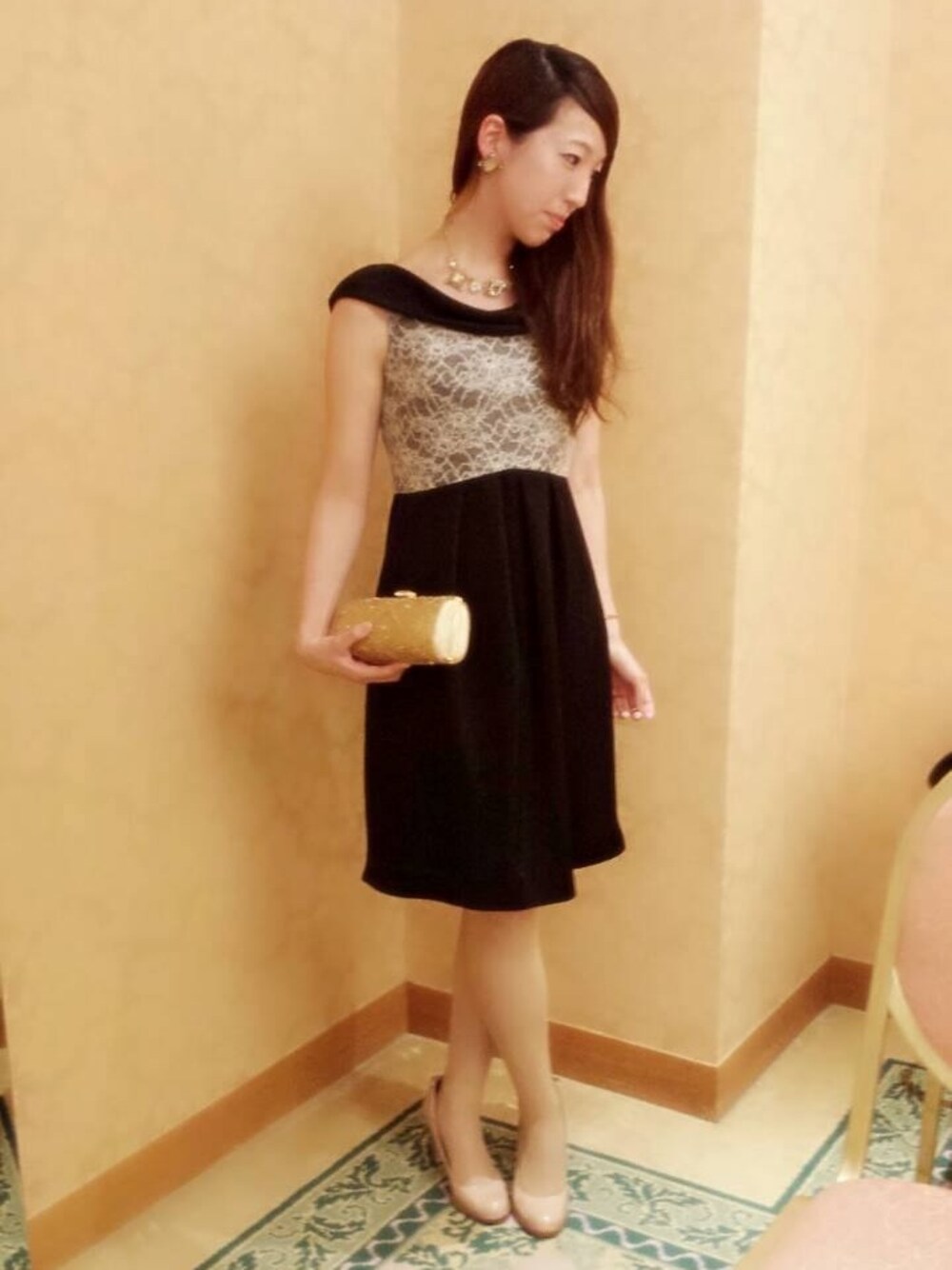 「#ドレス、＃パーティースタイル、お呼ばれ服、#GRANBUFULL」｜「GRAN BUFULLのパーティドレス（ワンピース、ブラック系）」を使った、yoooさん（レディース・162cm）の夏コーディネートの1枚目の写真