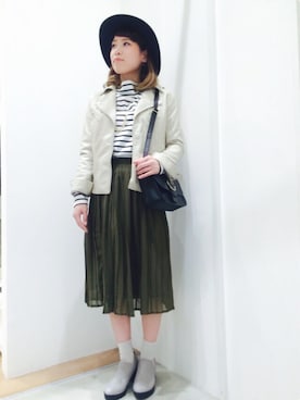 「AS KNOW AS PINKY（アズノゥアズピンキー）のアイテム（ライダースジャケット）」を使った、よこやまさん（レディース・159cm）の冬コーディネート