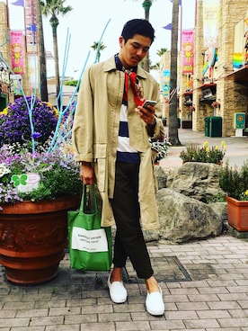 「マリン」｜「アイテム（ステンカラーコート）」を使った、kchanminkさん（メンズ・183cm）の春コーディネート