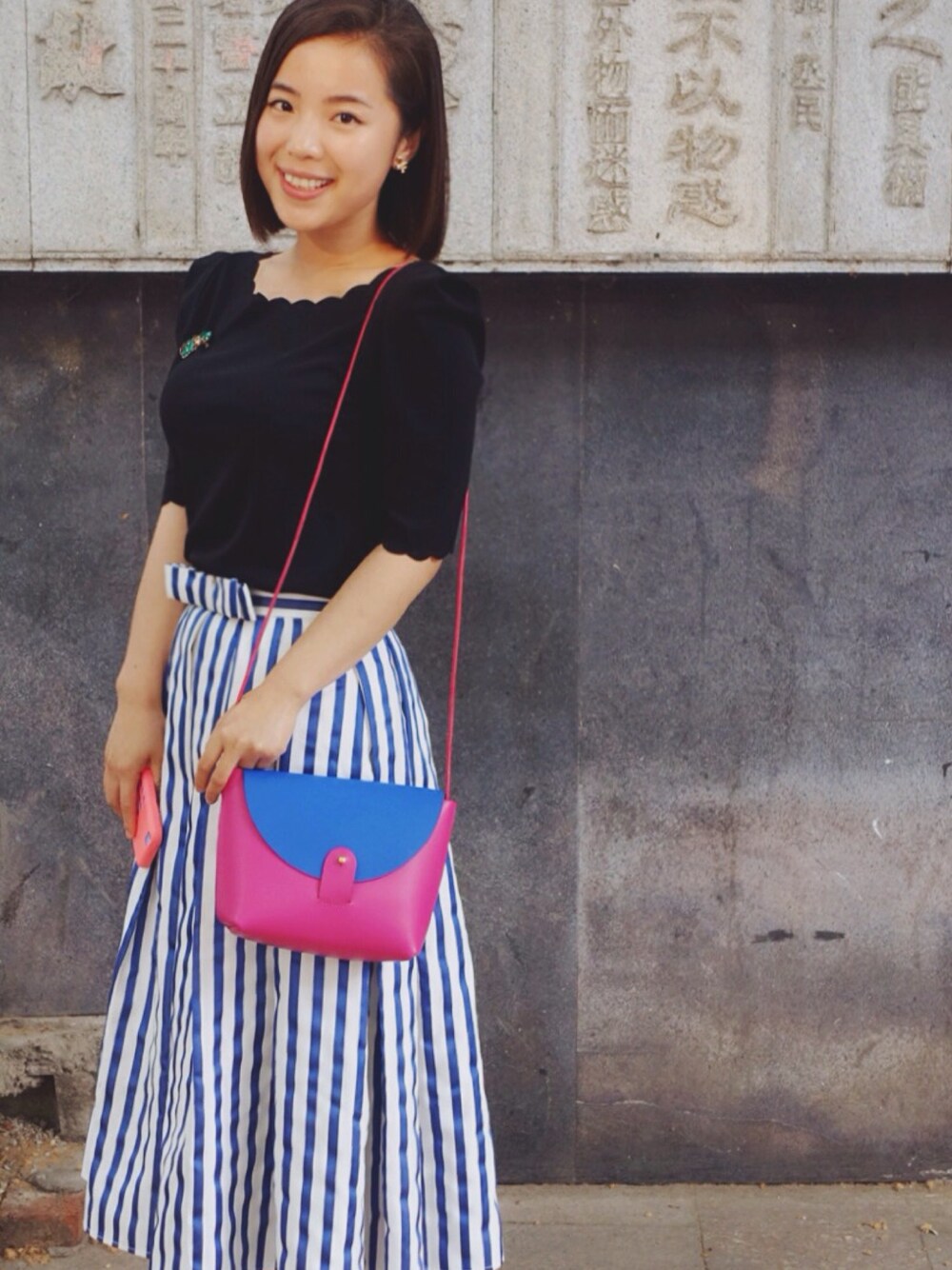 「outfit」｜「PROJINSのアイテム（ショルダーバッグ、ブルー系）」を使った、自然卷tutuさん（レディース・160cm）の春コーディネートの1枚目の写真