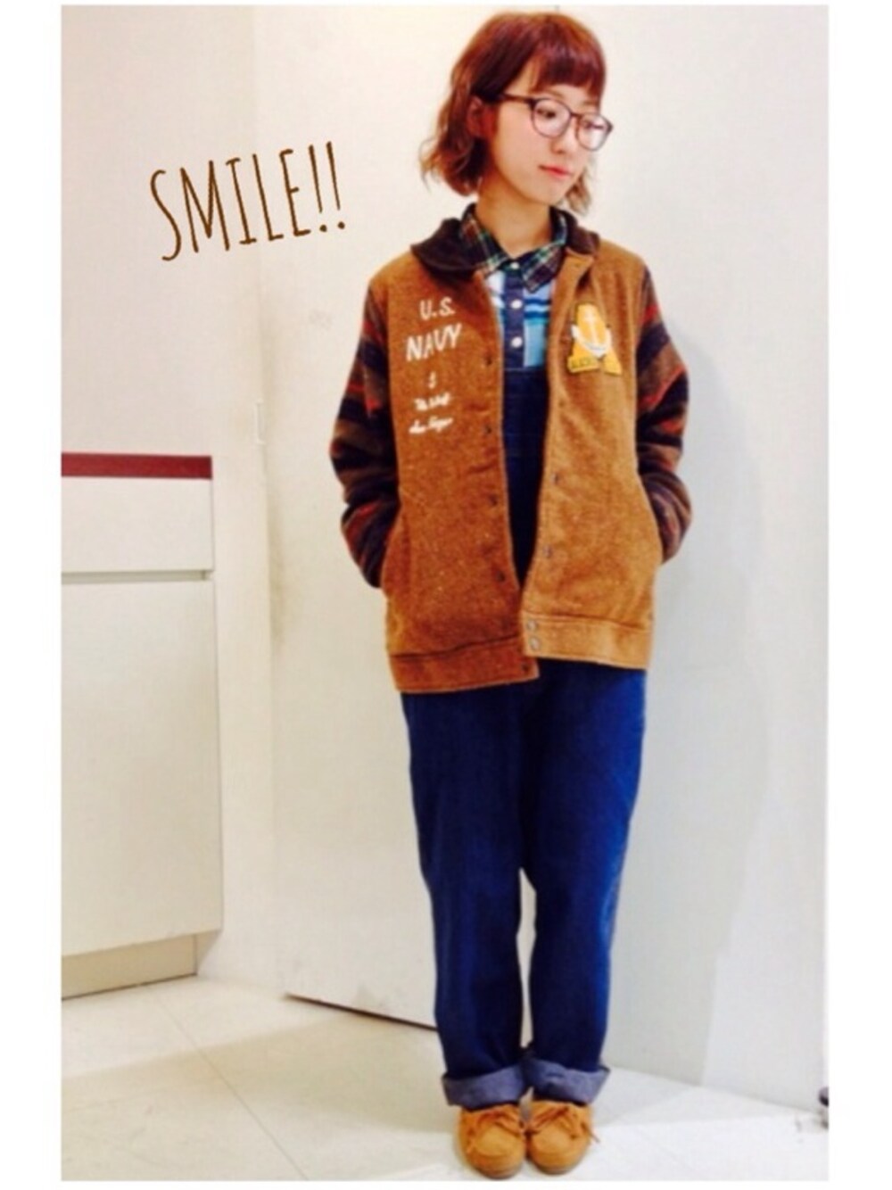「アメカジ、LIME.inc、NATURAL LIME、サンファン、sanjuan、スタジャン、ブルゾン、オーバーオール、チェックシャツ、メガネ女子」｜「sanjuanの店内10%OFF（その他、その他）」を使った、にしぼりさん（レディース・153cm）の秋コーディネートの1枚目の写真