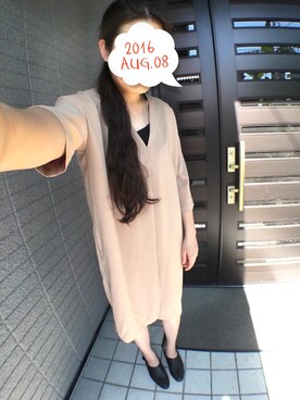 「URBAN RESEARCH ROSSO WOMEN（アーバンリサーチ　ロッソ）のROSSO VネックコクーンOP（ワンピース、ベージュ系）」を使った、ぽてさん（レディース・166cm）の夏コーディネート