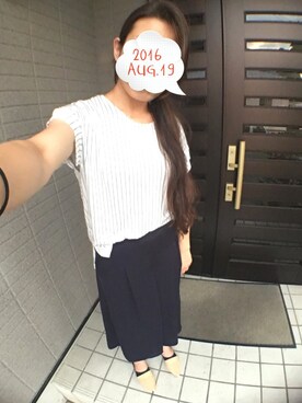 「AMERICAN RAG CIE（アメリカンラグシー）のマーキュリーストライププルオーバー/208-AHS-L152-CT022（Tシャツ/カットソー、ホワイト系）」を使った、ぽてさん（レディース・166cm）の夏コーディネート