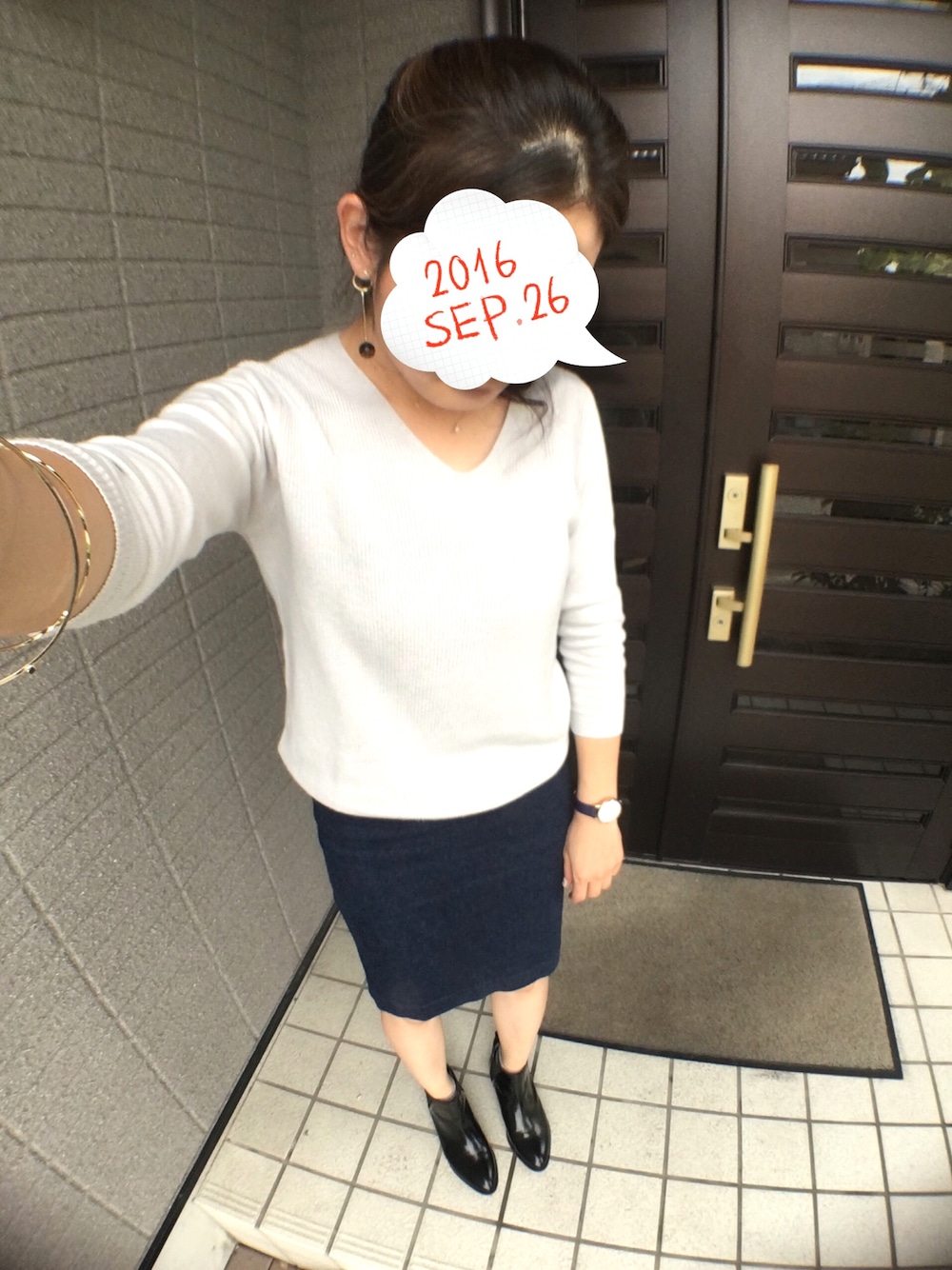 「カジュアル、シンプルコーデ、休日コーデ」｜「COLLAGE GALLARDAGALANTEの2WAYニットプルオーバー（ニット/セーター、グレー系）」を使った、ぽてさん（レディース・166cm）の秋コーディネートの1枚目の写真