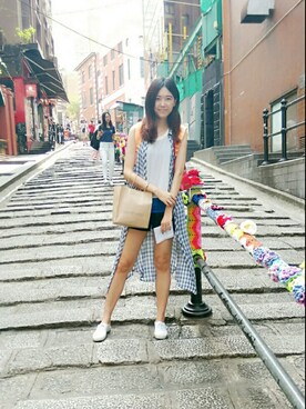 「travel」｜「アイテム（ピーコート）」を使った、Livaさん（レディース・174cm）の夏コーディネート