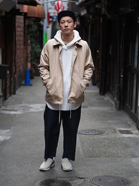 「meanswhile（ミーンズワイル）のアイテム（帽子）」を使った、Hikimaさん（メンズ・165cm）の春コーディネート