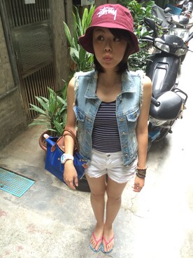 「shorts」｜「アイテム（デニムジャケット）」を使った、Tina W.さん（レディース・155cm）の秋コーディネート