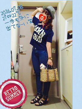 「niko and...（ニコアンド）のオリジナル ミニラインテープカゴバッグ【niko and...】（かごバッグ）」を使った、きゅきゅさん（レディース・164cm）の夏コーディネート