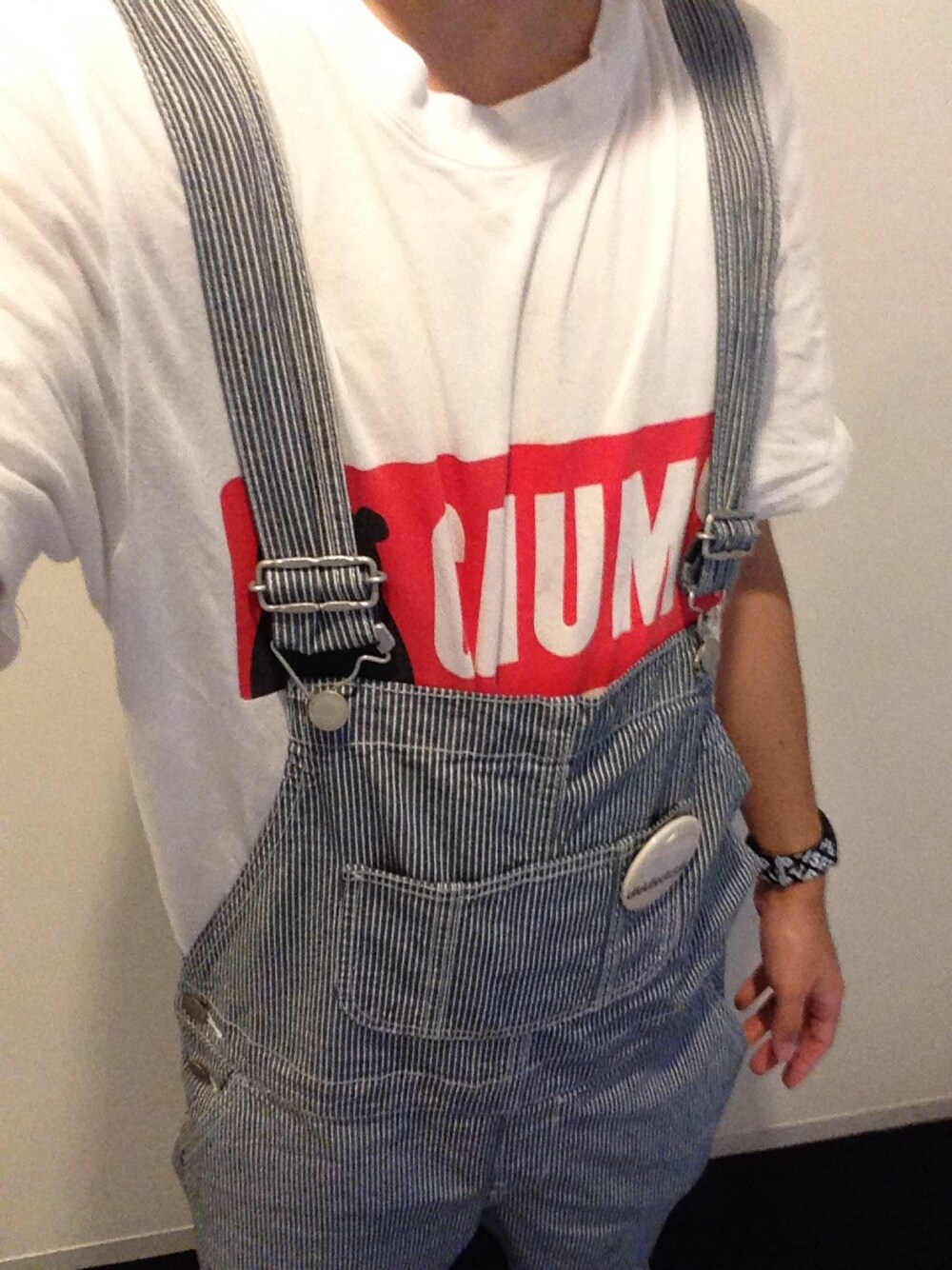 「GU、サロペット、ストライプ、レディース、缶バッチ、CHUMS、FRAPBOIS」｜「FRAPBOISのFRAPBOIS×CHUMS（Tシャツ/カットソー、ホワイト系）」を使った、愛がない兎さん（メンズ・170cm）の夏コーディネートの1枚目の写真