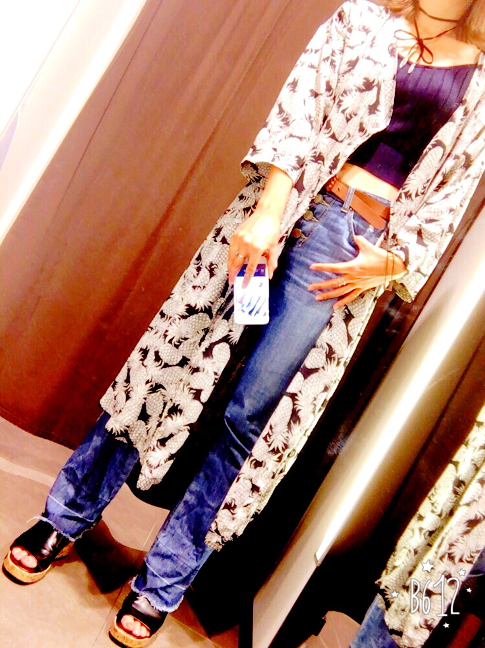 「オトナカジュアル、秋、プチプラ、denim、GU、ワイドデニム、高身長女子、ZARA、ニットキャミソール、柄ワンピース」｜「GUのアイテム（キャミソール、ブルー系）」を使った、kyam☻♡さん（レディース・171cm）の秋コーディネートの1枚目の写真