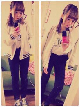 「安い」｜「アイテム（スタジャン）」を使った、SHIORI☺︎さん（レディース・153cm）の春コーディネート