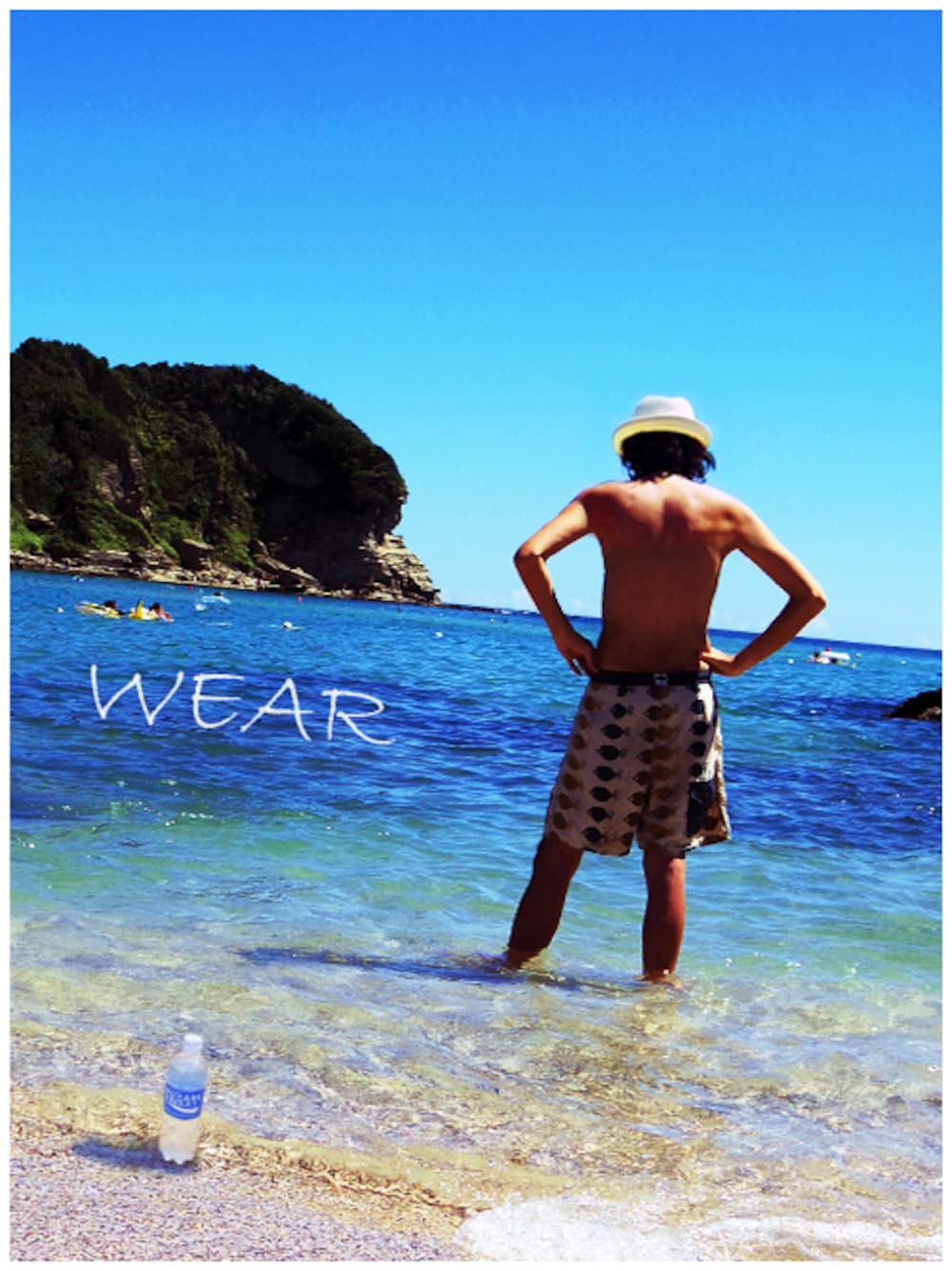 「ショートパンツ、リゾート、 ハット、海、水着、サーフショーツ、ビーチスタイル、ポカリコーデバトン」｜「BEAMSのBEAMS / ペーパー中折れハット16ss（ハット、ホワイト系）」を使った、つちぽんさん（メンズ・176cm）の夏コーディネートの1枚目の写真