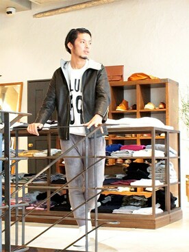 「BEAMS（ビームス）のアイテム（ライダースジャケット）」を使った、HAPPY西村さん（メンズ・180cm）の秋コーディネート
