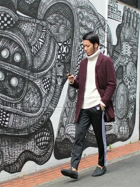 「BEAMS（ビームス）のアイテム（チェスターコート）」を使った、HAPPY西村さん（メンズ・180cm）の秋コーディネート