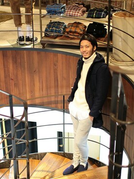 「BEAMS（ビームス）のアイテム（ダッフルコート）」を使った、HAPPY西村さん（メンズ・180cm）の秋コーディネート